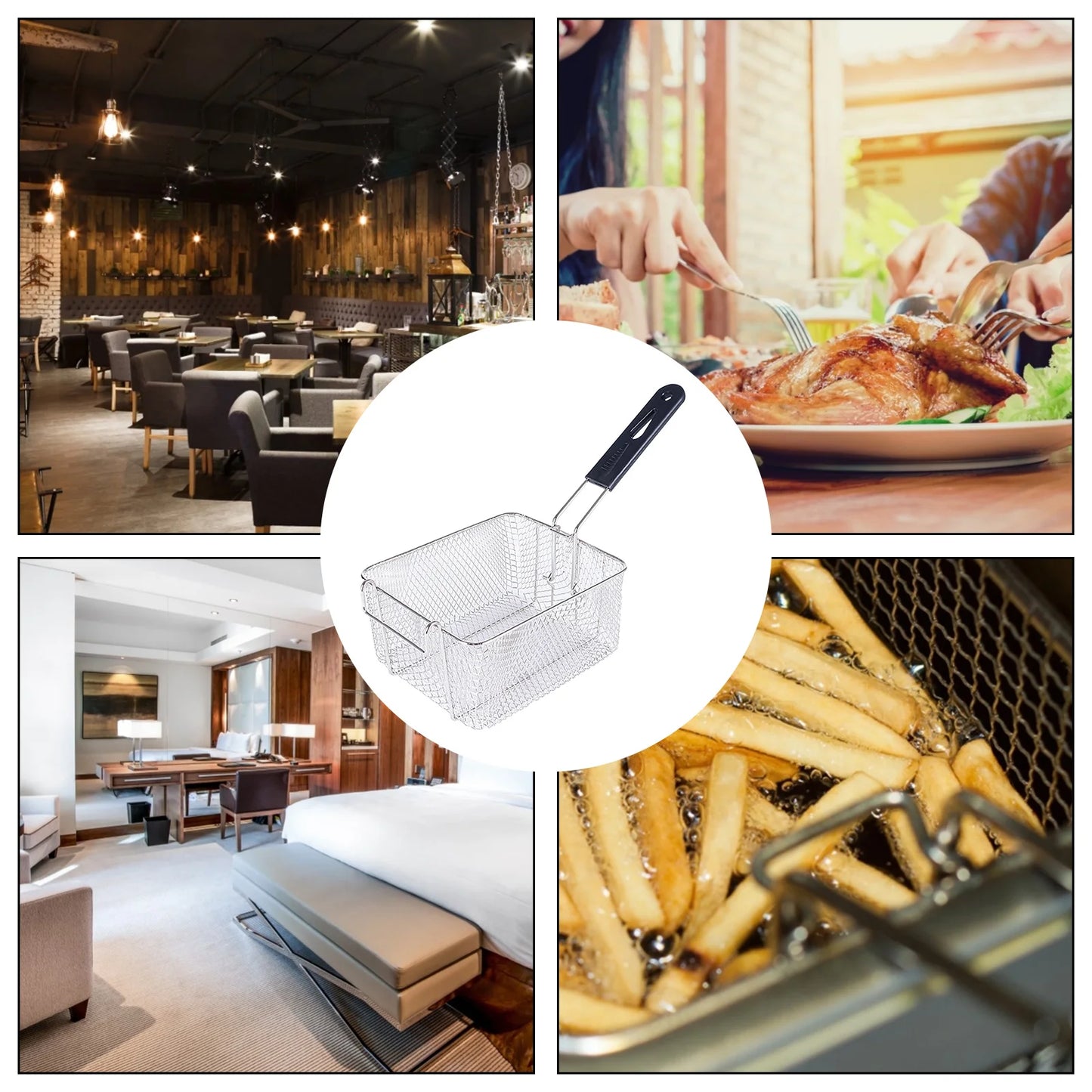 Panier en acier pour friteuse au centre, photos de restaurant autour