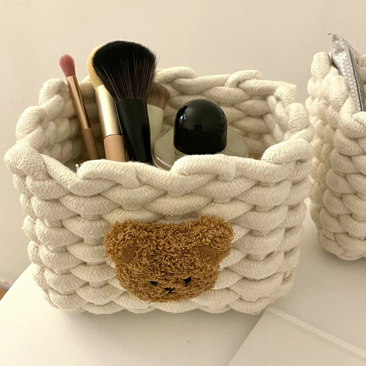 Panier ourson en coton tressé | Rangement déco pour chambre enfant