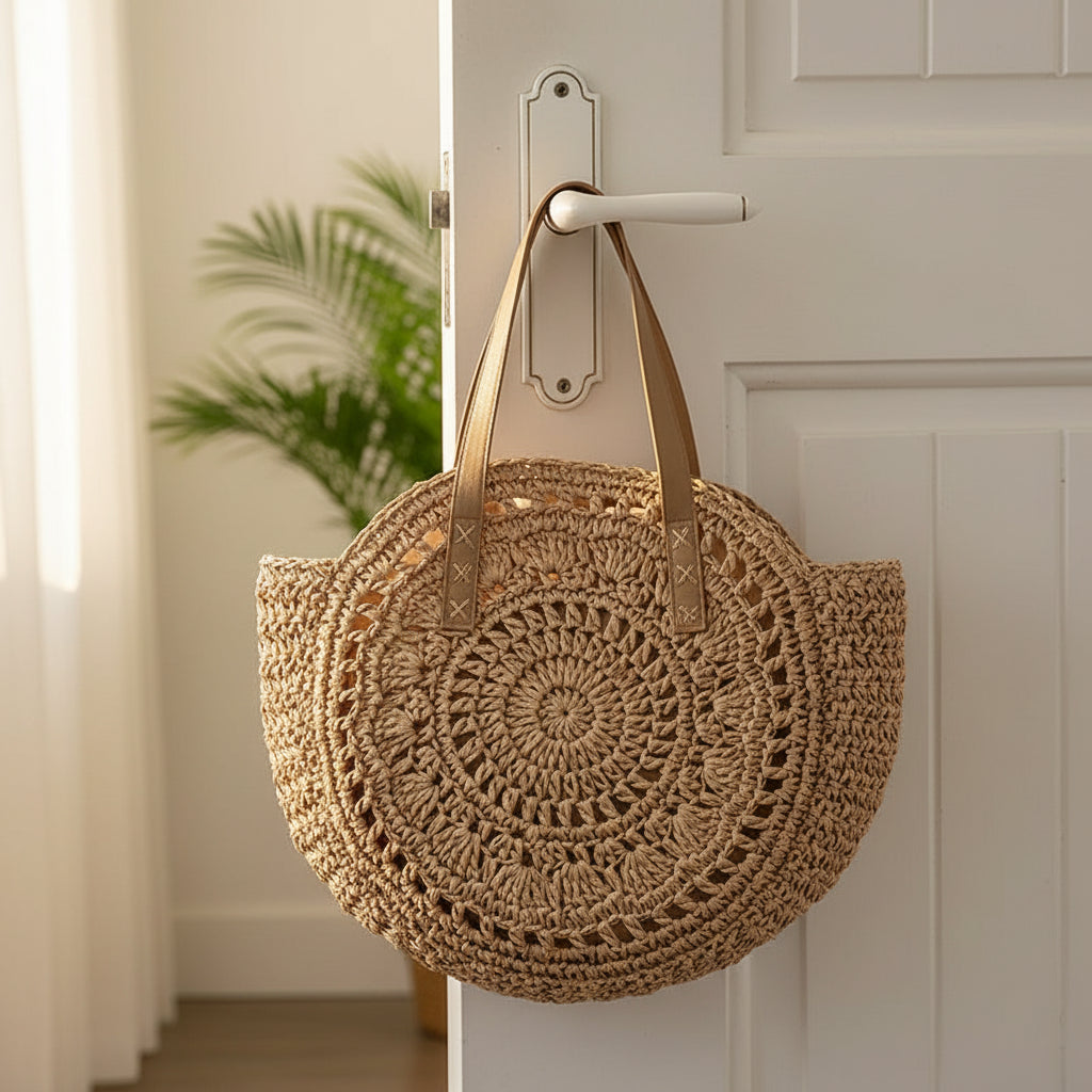 Sac Rond Bohème en Paille Tressée – Élégance Naturelle & Esprit Vacances