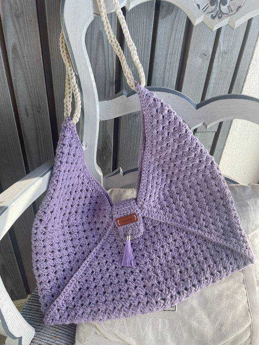 Sac à main lilas en coton avec anses macramé